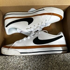 Nike White and Black Court Legacy Athletic Shoes with Tan Accents